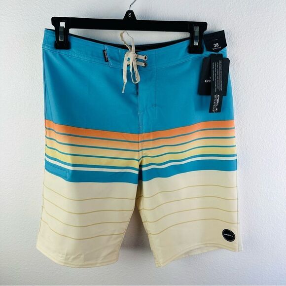 O’Neill Hyper Dry Hyper Freak Board Shorts Blue Yellow Striped NWT  Mens Size 28 - Picture 1 of 2